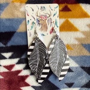 Black and White Striped Feather Earrings